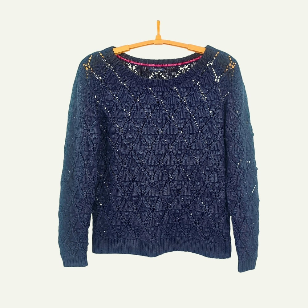 TOMMY HILFIGER Navy Blue‎ Diamond Pointelle Open Knit Sweater